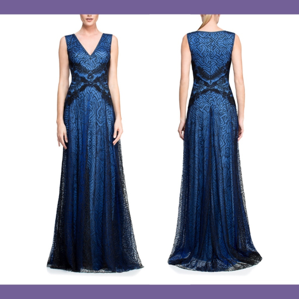 NEW $628 Tadashi Shoji Venus V-Neck Embroidery Gown in Blue/Black [SZ 2‎ ]